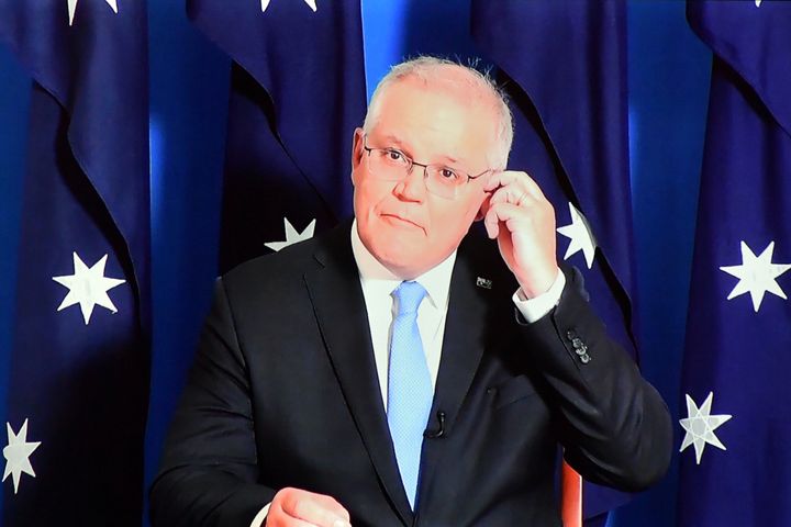 Prime Minister Scott Morrison delivers a press conference to media virtually from The Lodge on November 30, 2020 in Canberra, Australia. 