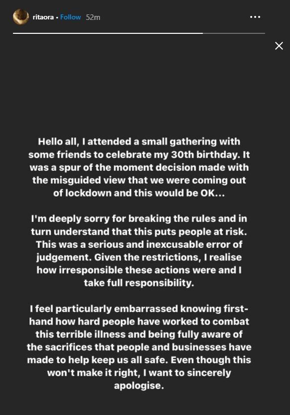 Rita posted this apology on Instagram