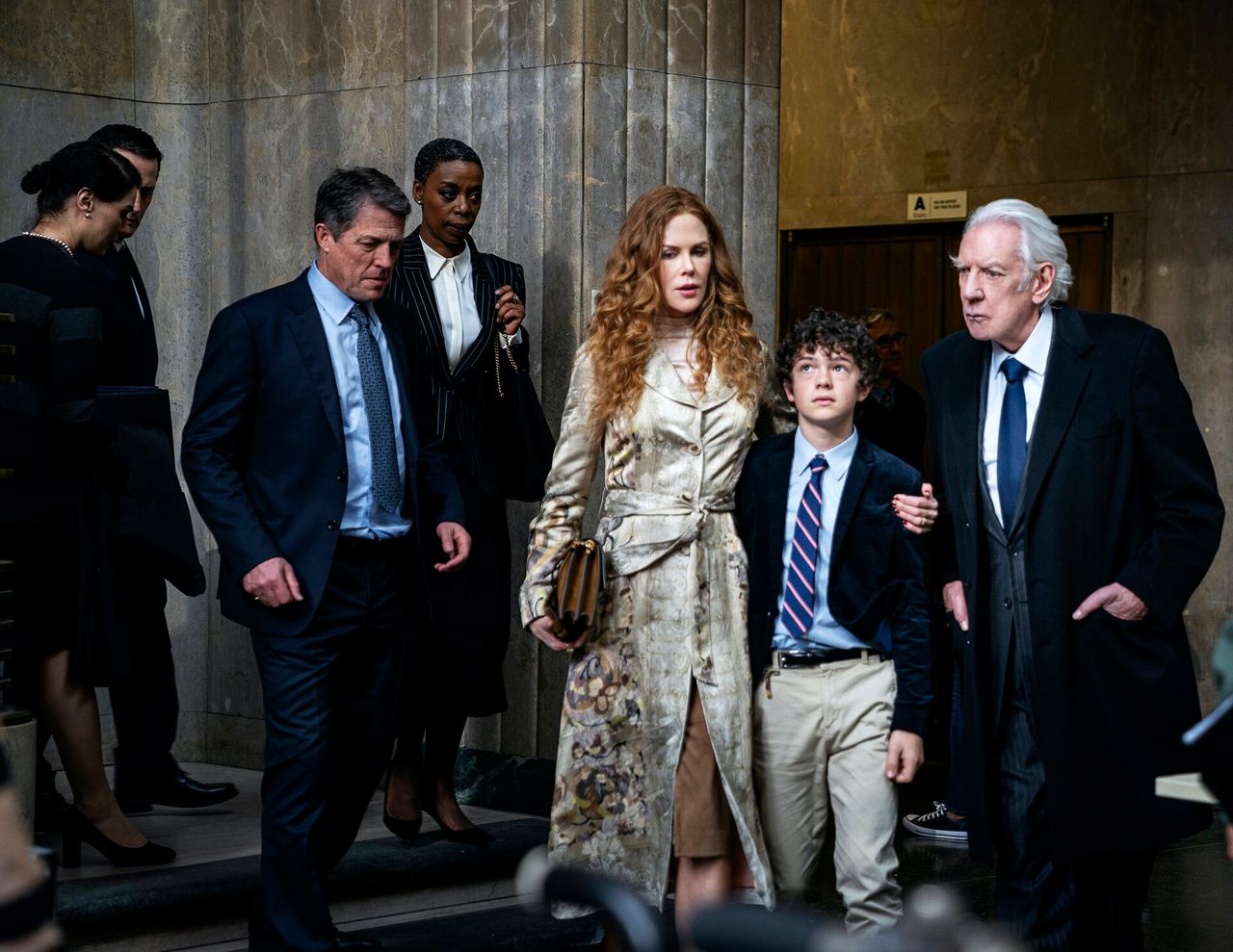 From left: Hugh Grant, Noma Dumezweni, Nicole Kidman, Noah Jupe and Donald Sutherland in The Undoing.