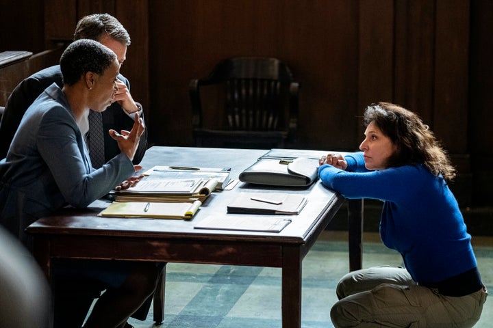 Noma Dumezweni and Hugh Grant with director Susanne Bier on the set of "The Undoing." 