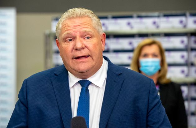 Ontario Premier Doug Ford answers questions during a briefing at Humber River Hospital in Toronto on...