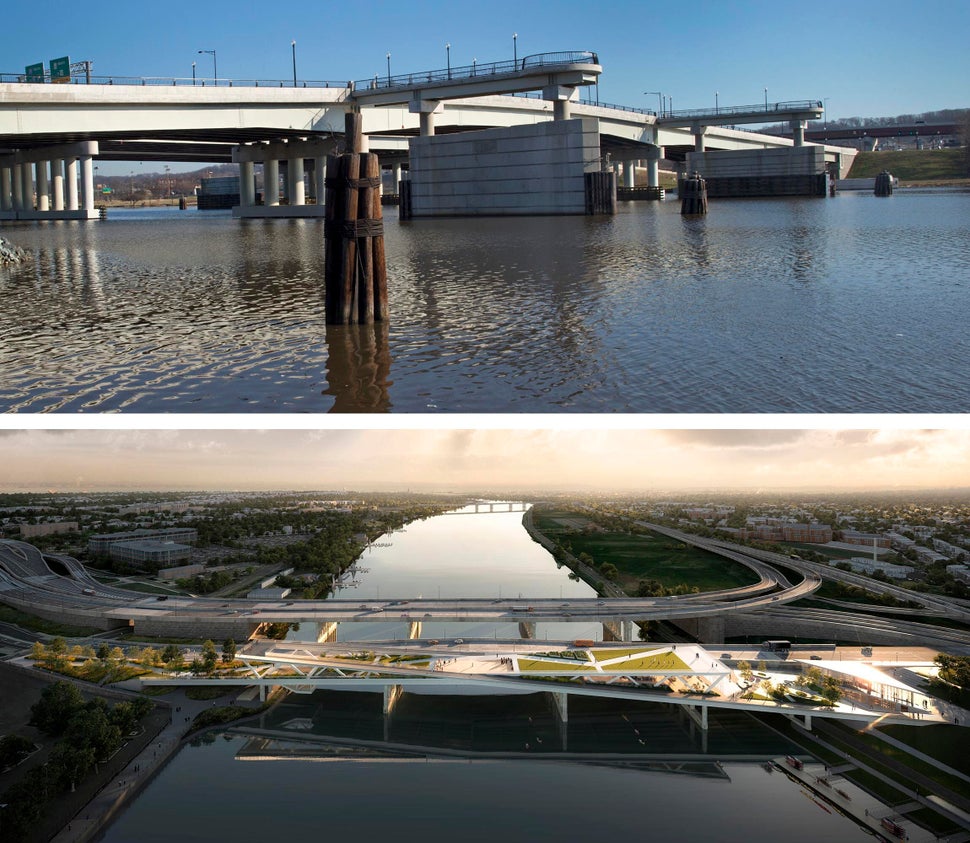 Top: A view of the 11th Street Bridge over the Anacostia River in Washington, D.C. Bottom: A rendering of the proposal, which would create a park and connect the walkways on both sides of the river. Credit: OMA+OLIN/The Washington Post/Getty Images