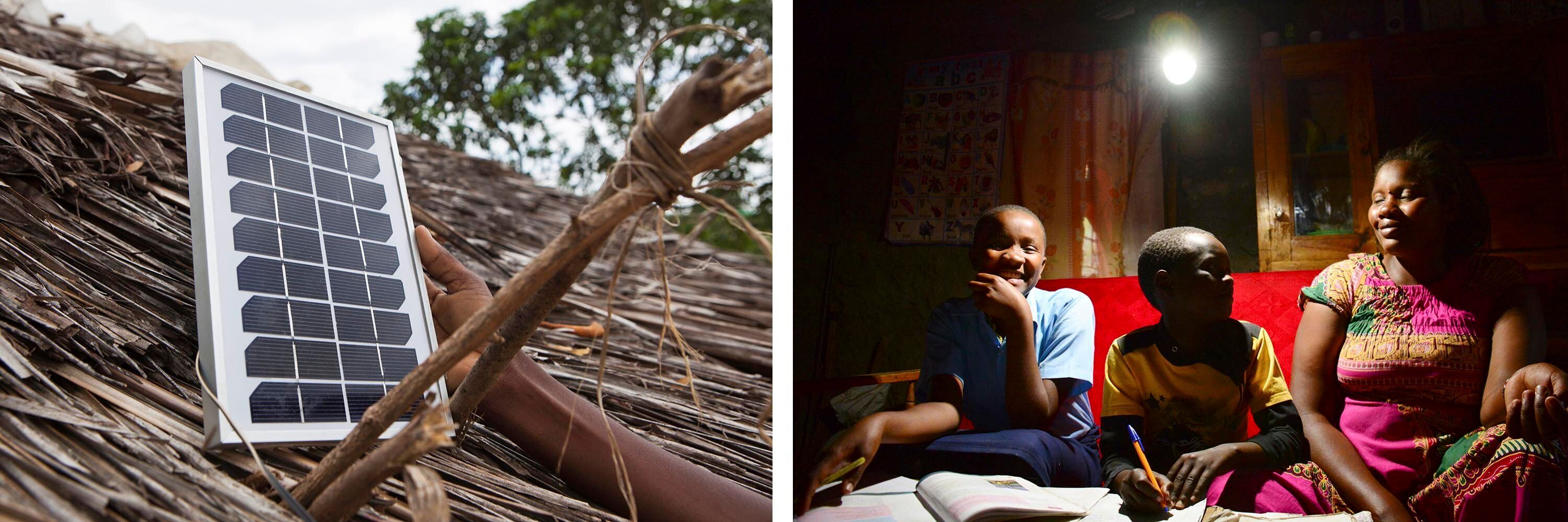 Left: A solar light is fitted onto a house near Nairobi, Kenya. Right: A family sits together under an LED bulb lit by a solar power generation kit in a rural area near Nairobi on Jan. 31, 2019. Credit: Getty Images