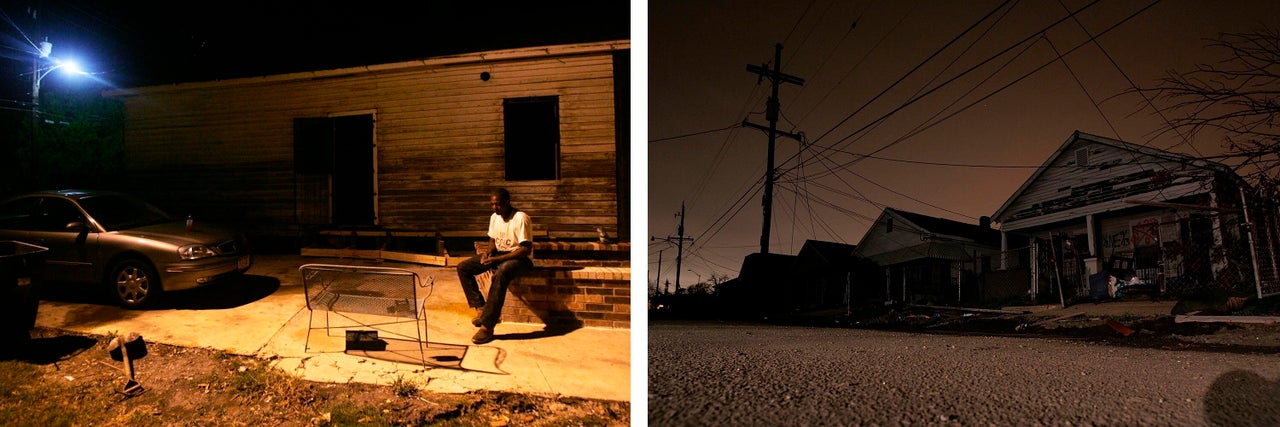 Left:&nbsp;Jermaine Brisco outside his Lower 9th Ward home in New Orleans, which was badly damaged by Hurricane Katrina in August 2005. In May 2006, the water in the area was still not safe to drink and electricity was mostly not functioning. Right: A row of hurricane-damaged homes with no power in the Lower 9th Ward on Feb. 20, 2006. Credit:&nbsp;Getty Images