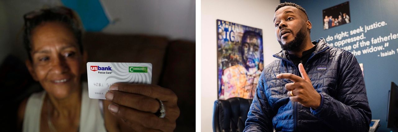 Left: Susie Garza displays the city-provided debit card through which she receives $500 a month through the program in Stockton, California. Right: Michael Tubbs, the outgoing mayor of Stockton, implemented an 18-month basic income trial with the help of the Stockton Economic Empowerment Demonstration. Credit: AP/Getty Images