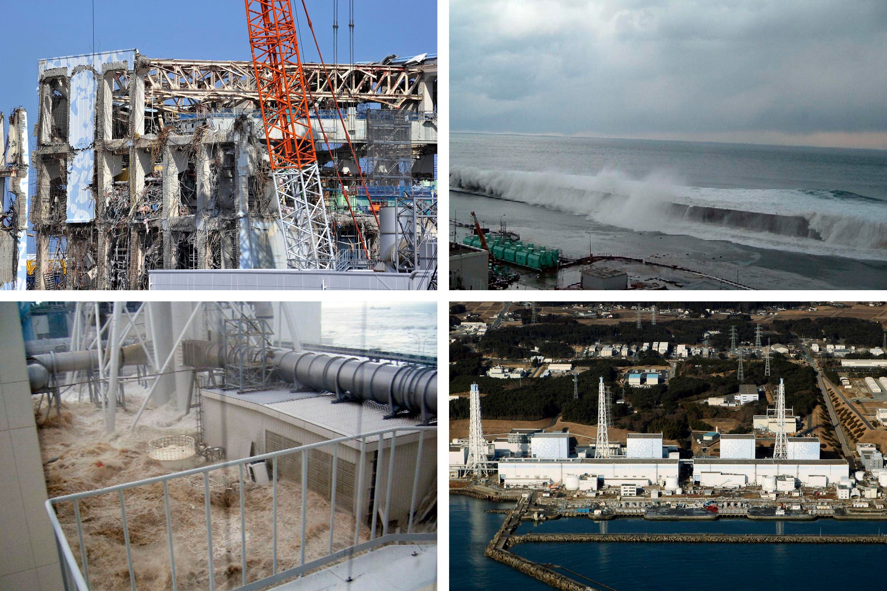 Top left: The Unit 4 reactor building of the Fukushima Daiichi nuclear power plant in northeastern Japan on Feb. 28, 2012. The country’s 2011 tsunami and earthquake triggered the worst nuclear accident since Chernobyl in 1986. Top right: The east side of Unit 5 on March 11, 2011. Bottom left: Wearing special protective gear, workers clean up the Fukushima Daiichi nuclear site on June 12, 2015. Bottom right: An aerial view of the Fukushima nuclear power plant on March 12, 2011. Credit: Getty/AP