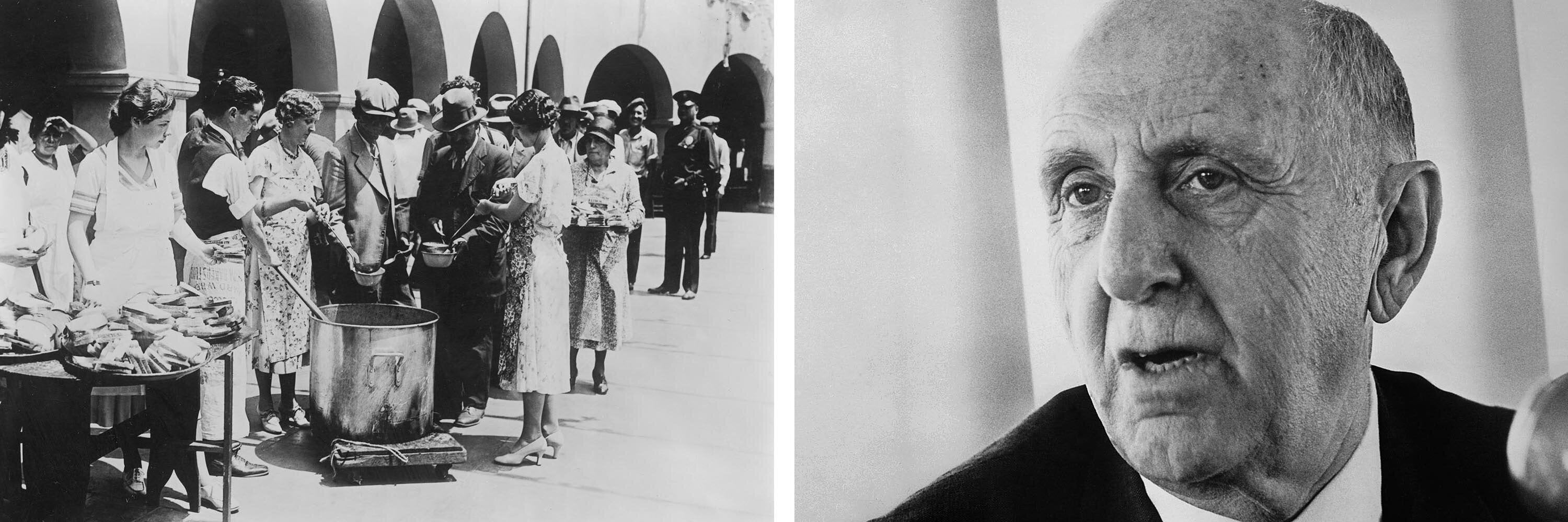 Left: Unemployed men receiving soup and slices of bread in an outdoor bread line during the Great Depression in Los Angeles around 1930. Right: Economist Simon Kuznets, who devised GDP, in December 1971. Credit: Getty Images