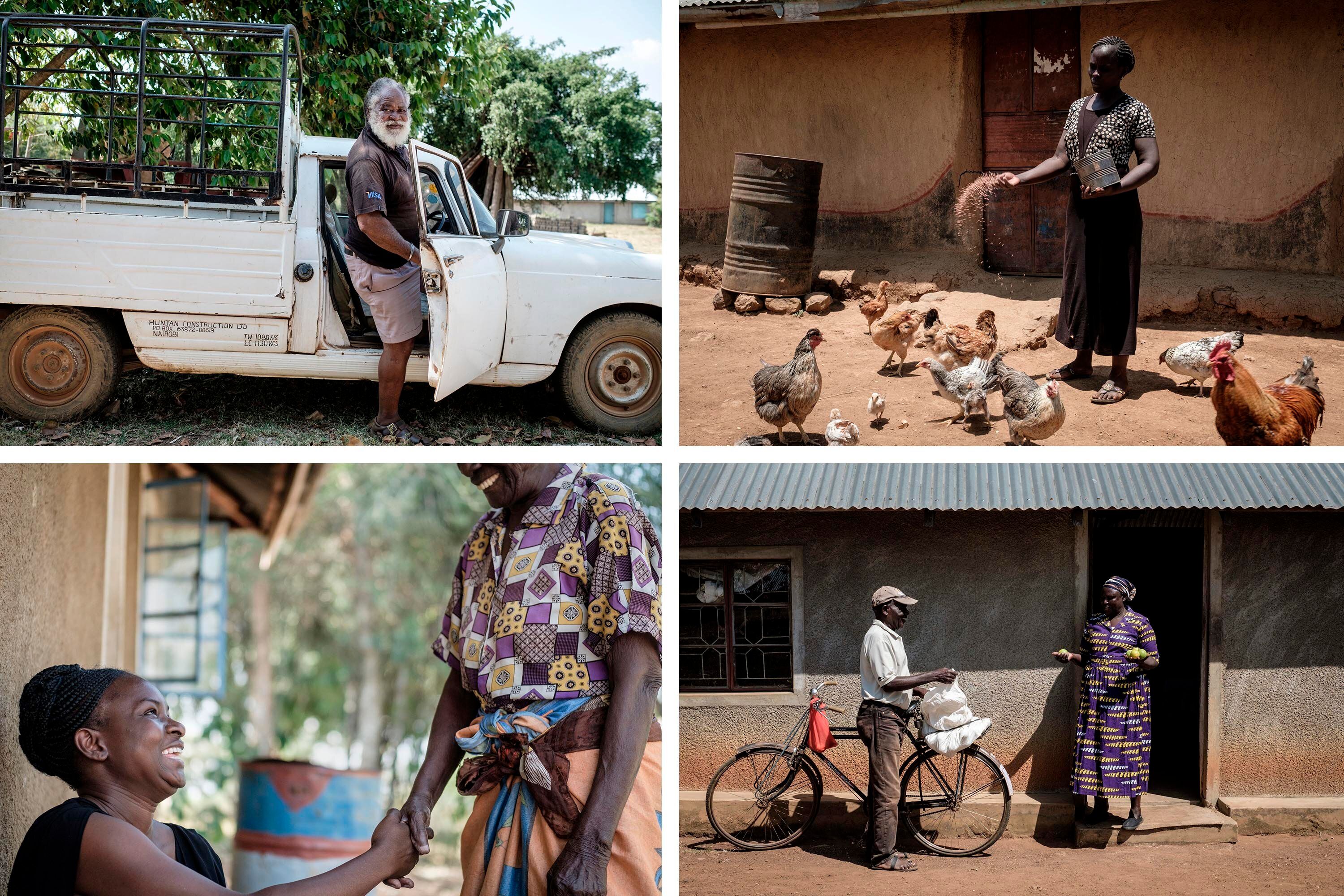 Top left: Samson, 72, gets 2,250 shillings a month ($21) as a recipient of the UBI program, which he uses for his fish farm in the Bondo region of western Kenya. Top right: Monica, 30, uses the basic income to support the poultry farm she runs with her husband. Bottom left: Caroline Teti, of the nonprofit GiveDirectly, shakes hands with a basic income recipient. Bottom right: Grace, who is 65 and retired, uses the money for treatment of her swollen leg and for buying food. Credit: Yasuyoshi Chiba/AFP/Getty Images