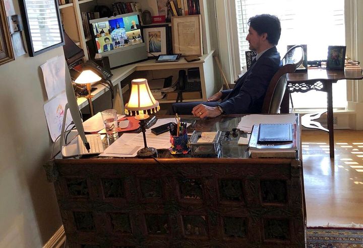 Prime Minister Justin Trudeau speaks with G7 leaders during a teleconference while under self-isolation in his home at Rideau Cottage in Ottawa on March 16, 2020.