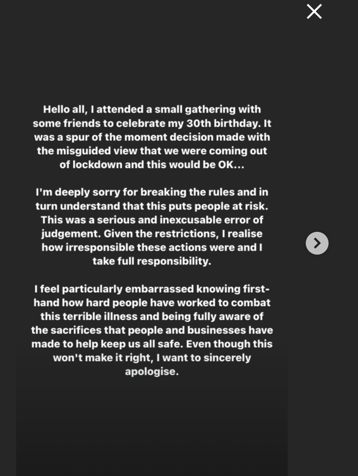 Rita Ora issued an apology for breaking England's COVID-19 lockdown rules to celebrate her 30th birthday with friends.