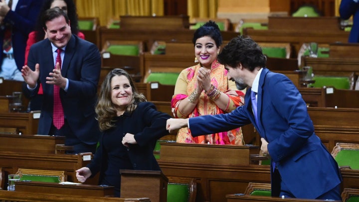 Minister of Finance Chrystia Freeland gets a fist bump from Prime Minister Justin Trudeau after delivering the 2020 fiscal update on Nov. 30, 2020.