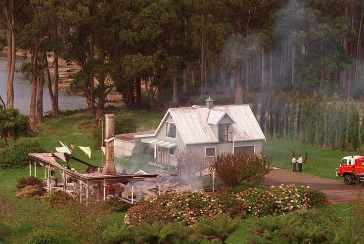 The remains of the Seascape Guesthouse in Hobart on April 29, 1996, the home where Bryant engaged in an overnight standoff with authorities.