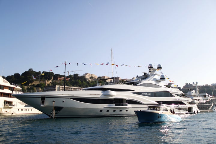 Philip Green's luxury yacht 'Lionheart' moored in Port Hercules during previews ahead of the Monaco Formula One Grand Prix at Circuit de Monaco in 2018.