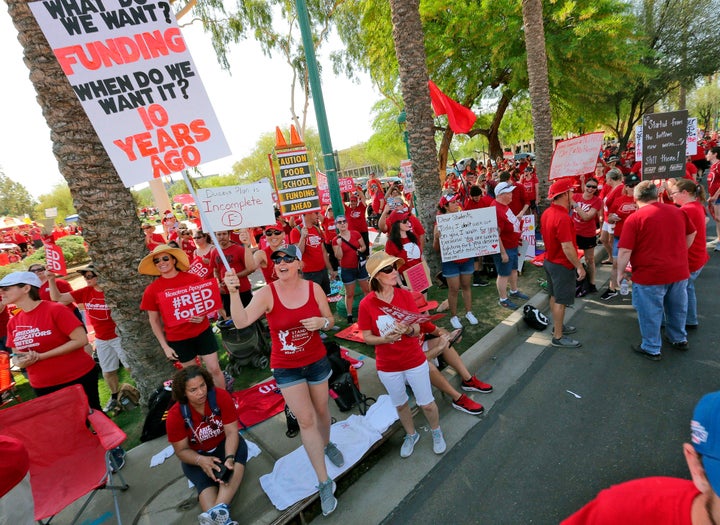 On April 27, 2018, teachers rally outside the Capitol in Phoenix, in a series of strikes across the nation over low teacher pay.