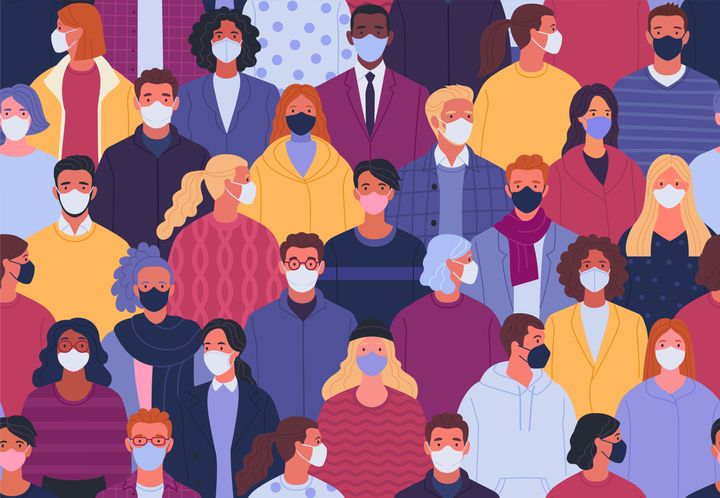 Vector illustration of multiethnic crowd of people in medical masks in trendy flat style.