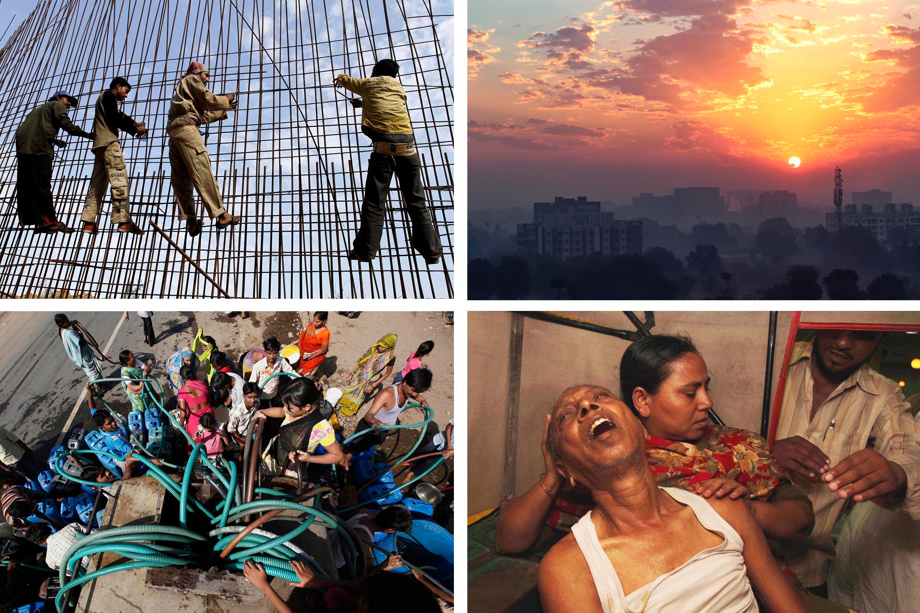 Top left: Laborers at a construction site in Ahmedabad, India, in January 2012. Top right: The Ahmedabad skyline as day breaks. Bottom left: People in Ahmedabad crowd around a water tanker to fill their containers in April 2010. Bottom right: A patient suffering from extreme heat in Ahmedabad in May 2010. Credit: Reuters/AP/Getty Images