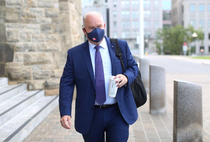 Conservative Party of Canada leader Erin O'Toole arrives on Parliament Hill in Ottawa, Aug. 25, 2020.