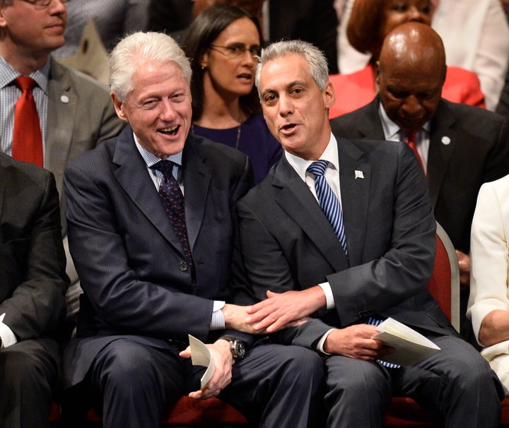 Emanuel bonds with former President Bill Clinton in 2015. As an aide to Clinton, Emanuel helped drive the North American Free Trade Agreement through Congress, rankling unions.