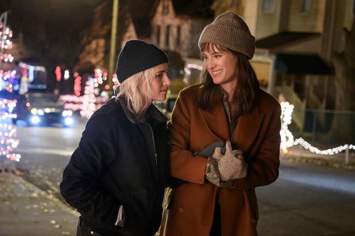 Kristen Stewart and Mackenzie Davis in "Happiest Season," now available on Hulu.