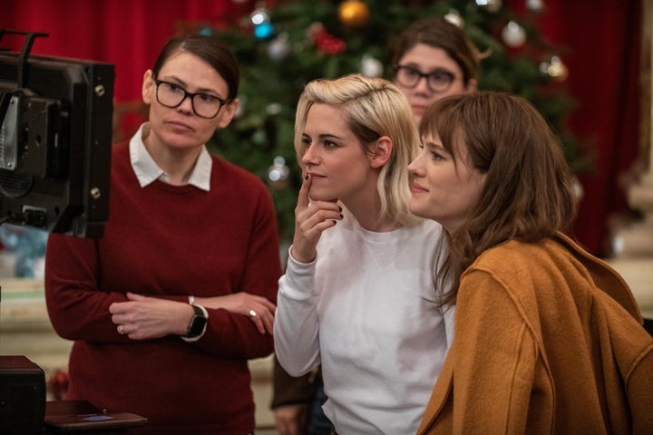 "We always wanted there to be a happy ending for Abby and Harper," said Clea DuVall, pictured above with Stewart and Davis on the set of "Happiest Season." "It was very important at the end of the journey for it to be a success, to have just a straight-up happy ending because I think LGBTQ films are riddled with bittersweet endings."