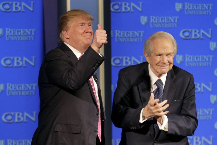Trump appears with Pat Robertson at a campaign event at Regents University in Virginia on Feb. 24, 2016.