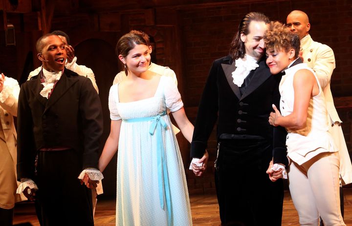 Leslie Odom Jr., Phillipa Soo, Lin-Manuel Miranda and Ariana DeBose take their final curtain call for their final Broadway show of "Hamilton" at the Richard Rogers Theatre on July 9, 2016.
