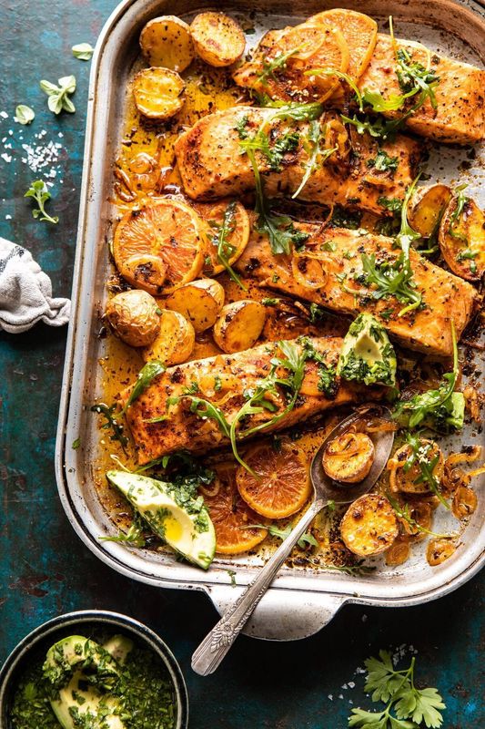 Sheet Pan Salmon with Citrus Avocado Salsa and Potatoes from Half Baked Harvest