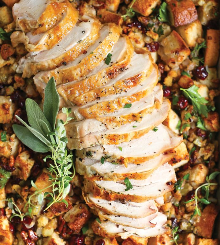 Sheet Pan Herb Roasted Turkey and Cranberry Pecan Stuffing from Damn Delicious