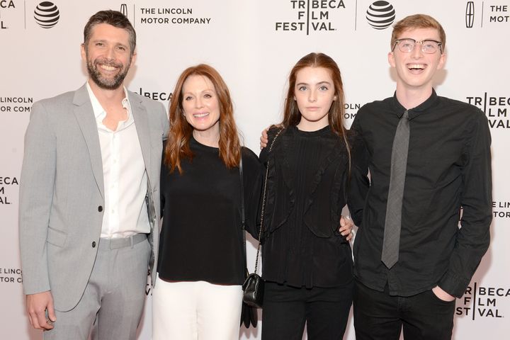 Julianne Moore, Bart Freundlich and children Liv and Caleb Freundlich attend the premiere of "Wolves" at the Tribeca Film Festival in New York City in 2016.