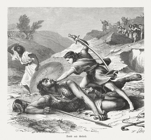 David kills Goliath (1 Samuel 17, 51). Wood engraving, published in