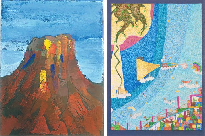 「ハートアートコンテスト」の2019年受賞作品。左から菊池猛さん『山のふうけい』、長友香菜美さん『天の川の夜に 〜文字のない絵本の1ページ〜』。