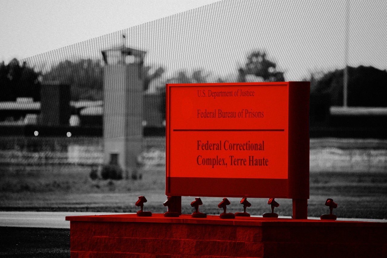 View of a sign outside the Terre Haute Federal Correctional Complex where death row inmates await execution.