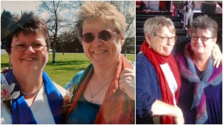 Liz and Finola at their civil partnership in 2006, alongside a recent photo.