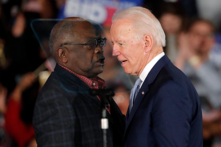 Joe Biden talks to Rep. James Clyburn (D-S.C.) at a primary night election rally after winning the South Carolina primary, where Clyburn was considered an important political asset. Clyburn wants to see more Black nominees put forward by Biden's transition team.