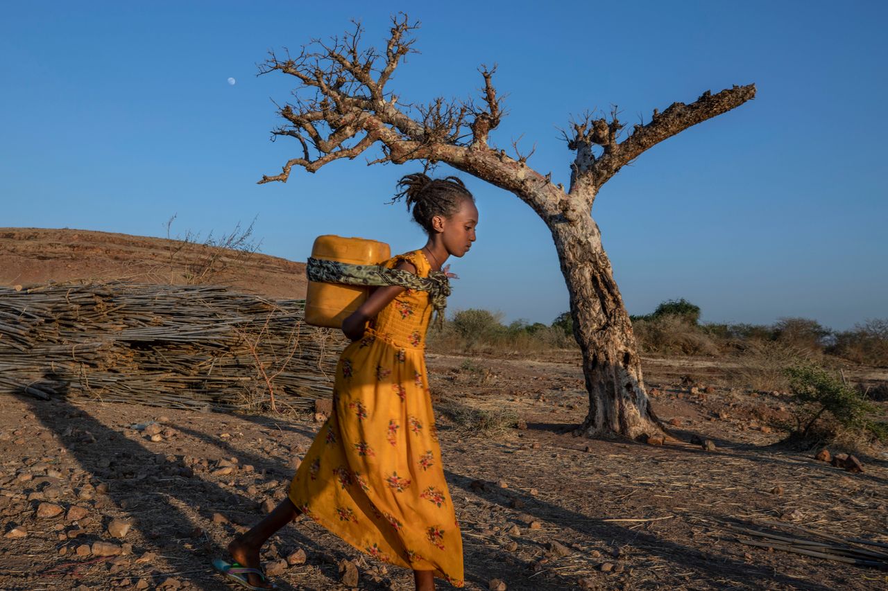 Μια γυναίκα από το Τιγκράι που διέφυγε των αιματηρών συγκρούσεων στην περιοχή της Αιθιοπίας, μεταφέρει νερό στην πλάτη της, στο στρατόπεδο προσφύγων Ουμ Ρακούμπα στο Κανταρίφ του ανατολικού Σουδάν, την Παρασκευή 27 Νοεμβρίου 2020.