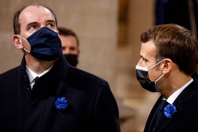 Jean Castex et Emmanuel Macron lors de la cérémonie de panthéonisation de Maurice...