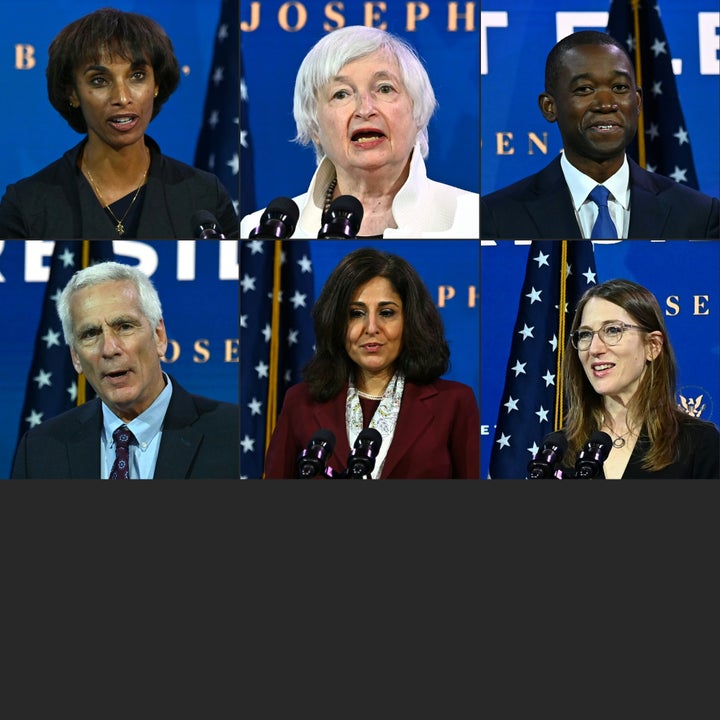 President-elect Joe Biden's economic team at The Queen Theatre in Wilmington, Delaware, on Dec. 1. Top, left to right: Chair of Council of Economic Advisers nominee Cecilia Rouse, Treasury Secretary nominee Janet Yellen, and Deputy Secretary of the Treasury nominee Adewale "Wally" Adeyemo. Bottom, left to right: Council of Economic Advisers nominee Jared Bernstein, Office of Management and Budget nominee Neera Tanden, Council of Economic Advisers nominee Heather Boushey.