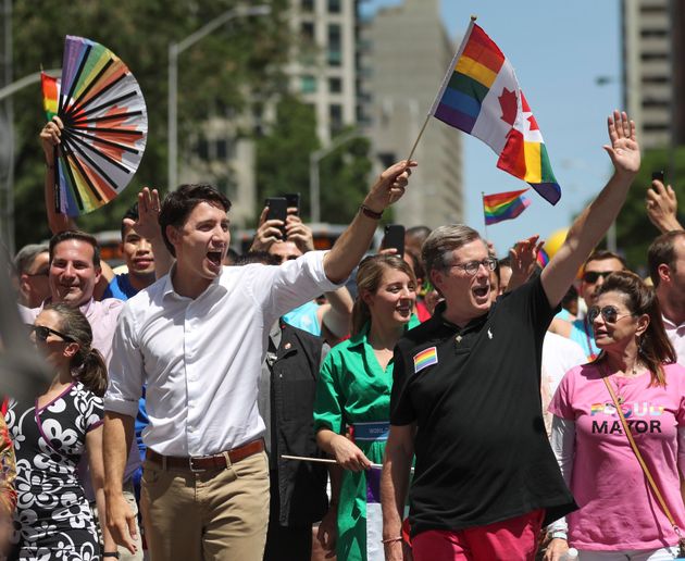 Prime Minister Justin Trudeau and Toronto Mayor John Tory march at the head of the 2019 Toronto Pride Parade. 