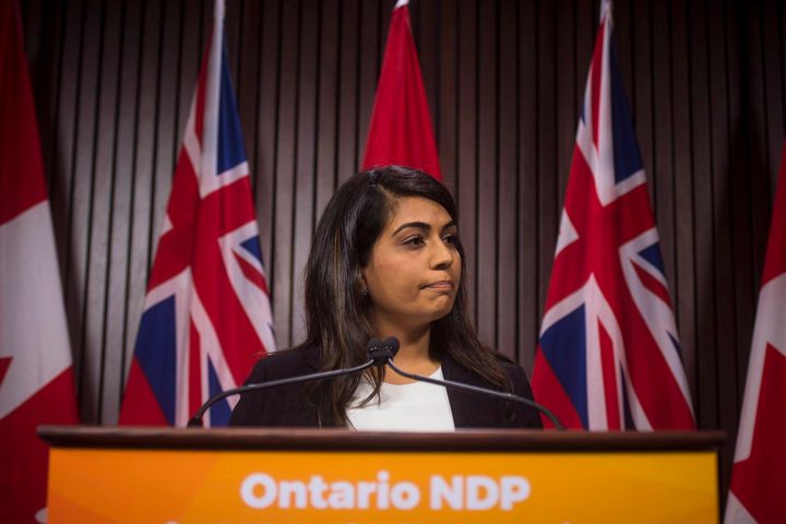 NDP MPP Sara Singh speak at a press conference at Queen's Park in Toronto on June 29, 2018.
