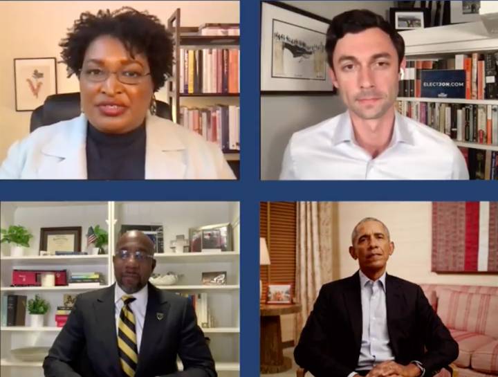 Former President Barack Obama and Stacey Abrams (top left) speak with candidates Jon Ossoff (top right) and Raphael Warnock (