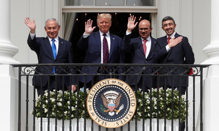 President Donald Trump held a high-profile ceremony at the White House in September with Israeli Prime Minister Benjamin Netanyahu (far left) and United Arab Emirates foreign minister Abdullah bin Zayed (far right) to celebrate his "peace deals." He announced a major weapons sale to the UAE less than two months later.