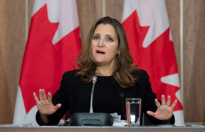Deputy Prime Minister and Minister of Finance Chrystia Freeland responds to a question during a news conference in Ottawa on Nov. 30, 2020.