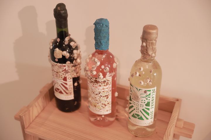 カキの養殖棚にワインボトルを括り付け、志津川湾に沈めて熟成させた「海中熟成ワイン」。通常よりも早く熟成が進むそうだ。