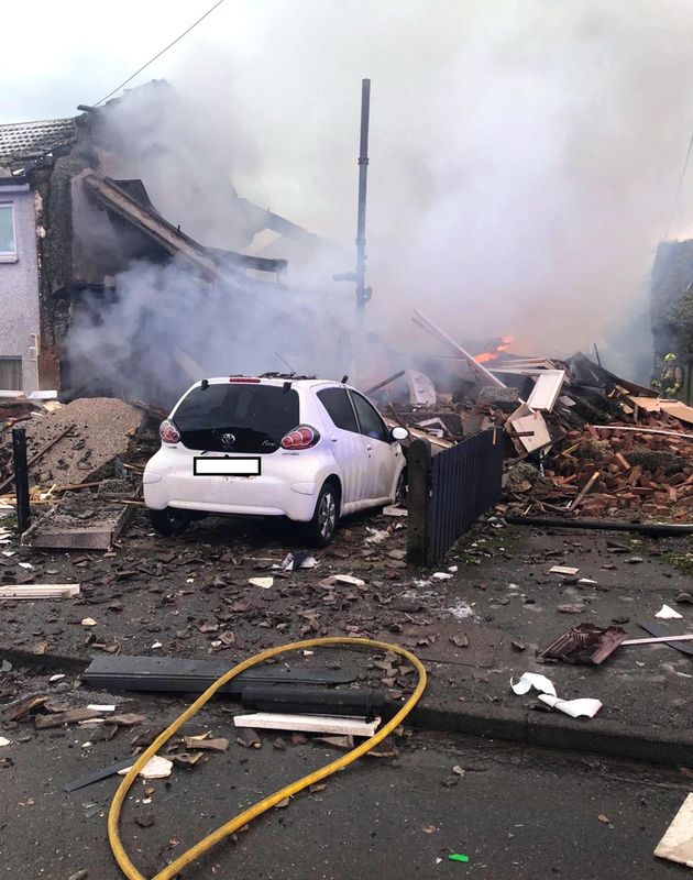 Handout photo from the Twitter feed of West Yorkshire Fire and Rescue Service of an explosion at a house in the Illingworth area of Halifax, West Yorkshire.