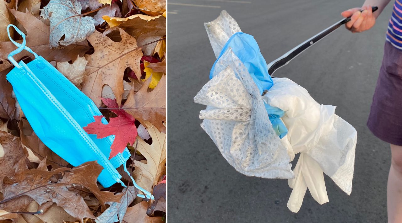 A mask and other personal protective equipment waste, such as sanitary wipes, Justine Ammendolia and Jacquelyn Saturno found during walks in Toronto.