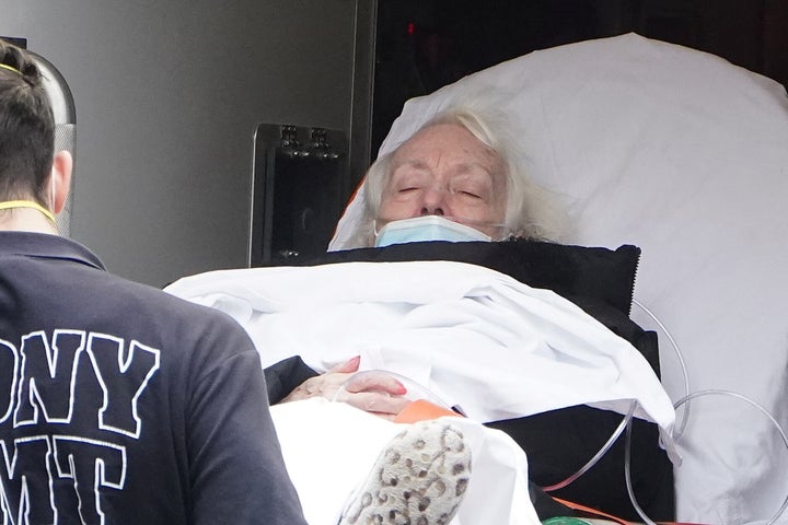 A patient is wheeled into a hospital during the coronavirus (COVID-19) pandemic in the Manhattan borough of New York City, Ne
