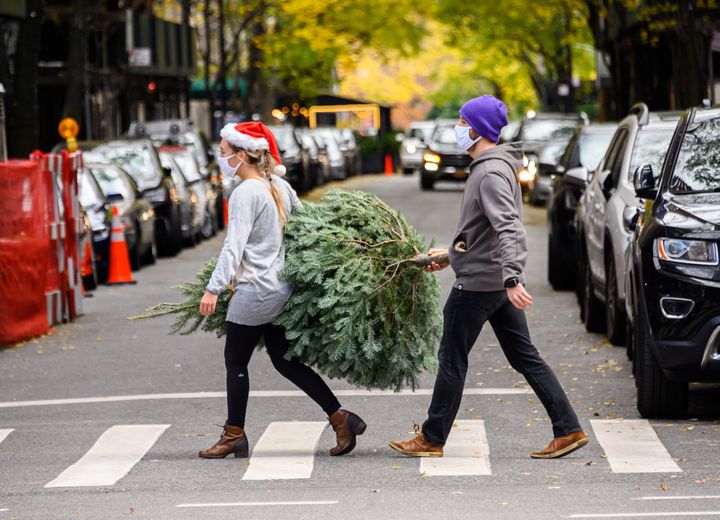 ニューヨークで、クリスマスツリーを運ぶ人たち
