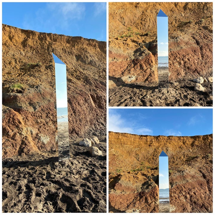 A composite of images of a monolith on Compton Beach, on the Isle of Wight