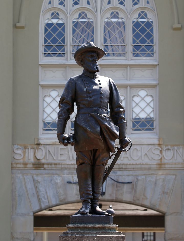 The statue of Confederate General Stonewall Jackson stands at the entrance to the barracks at the Virginia Military Institute in Lexington, Va.