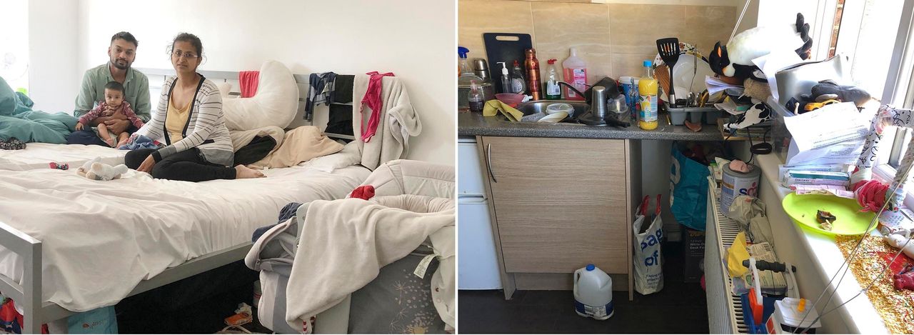 Jankhana and her family (left) lived in one room, sharing a kitchen and bathroom, in a building in Plaistow. Pictured (right) is the kitchenette in the room.